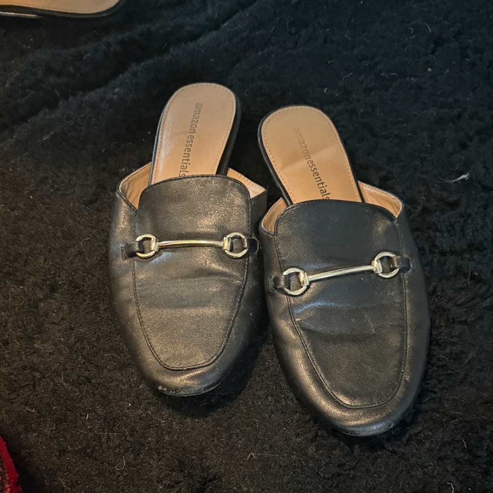 Amazon Essentials Black Leather Mules with Gold Accent